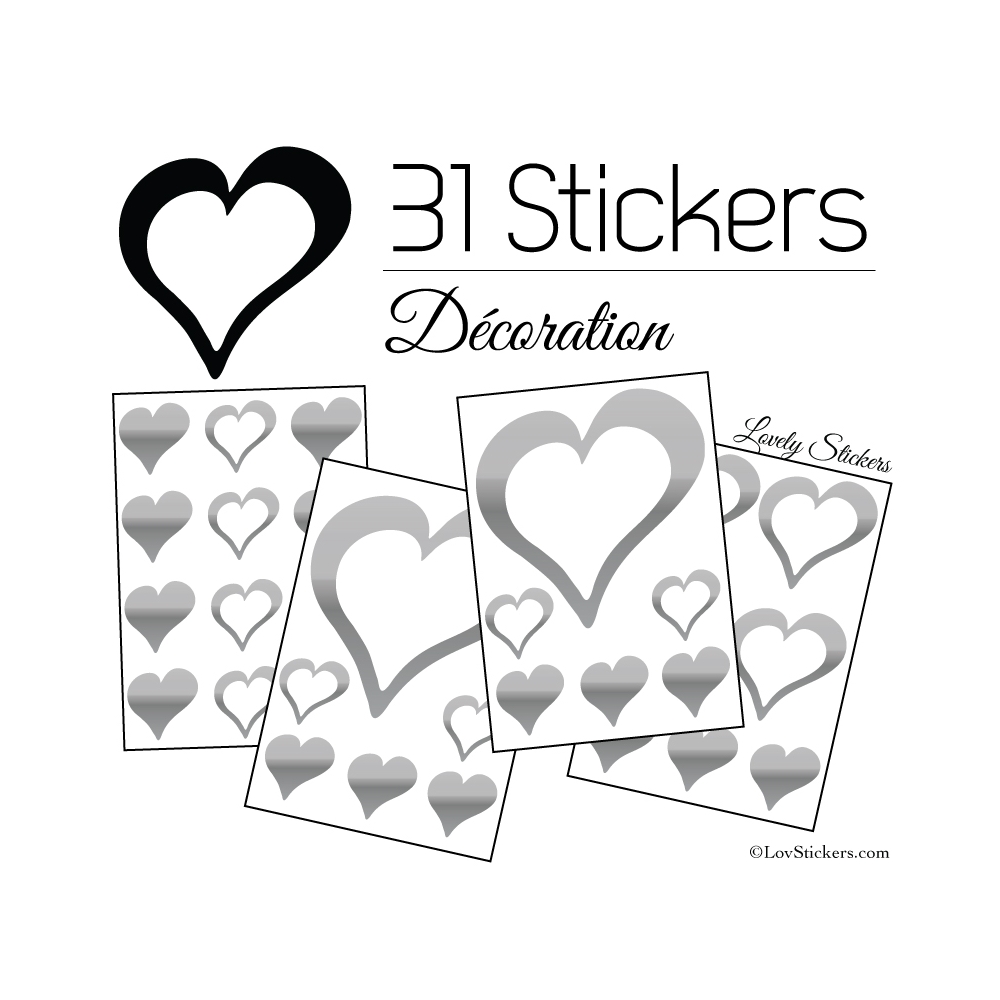 31 Stickers Coeurs 10CM 5CM 3CM - Autocollant décoration Coeurs Creux