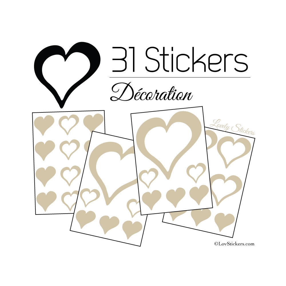 31 Stickers Coeurs 10CM 5CM 3CM - Autocollant décoration Coeurs Creux