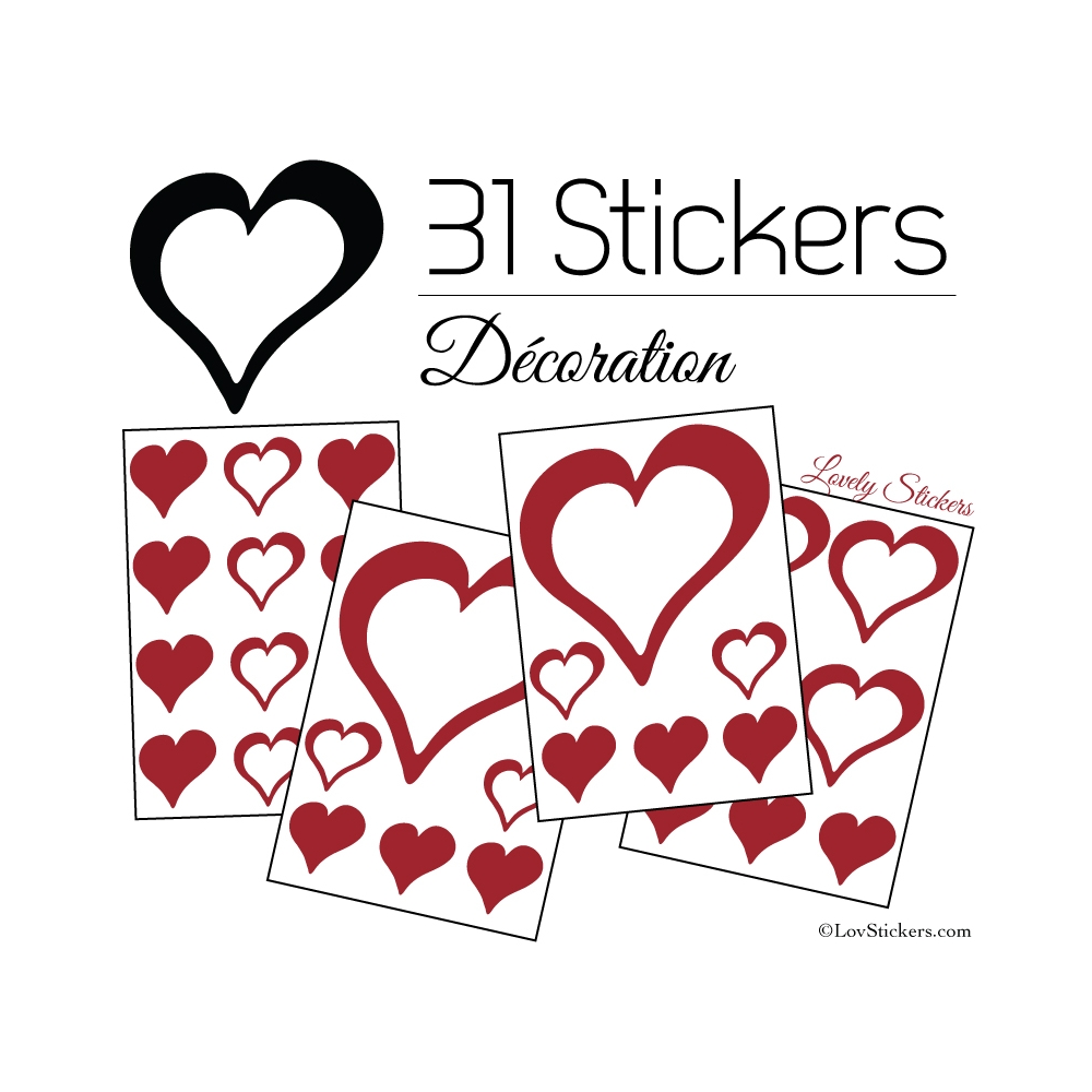 31 Stickers Coeurs 10CM 5CM 3CM - Autocollant décoration Coeurs Creux