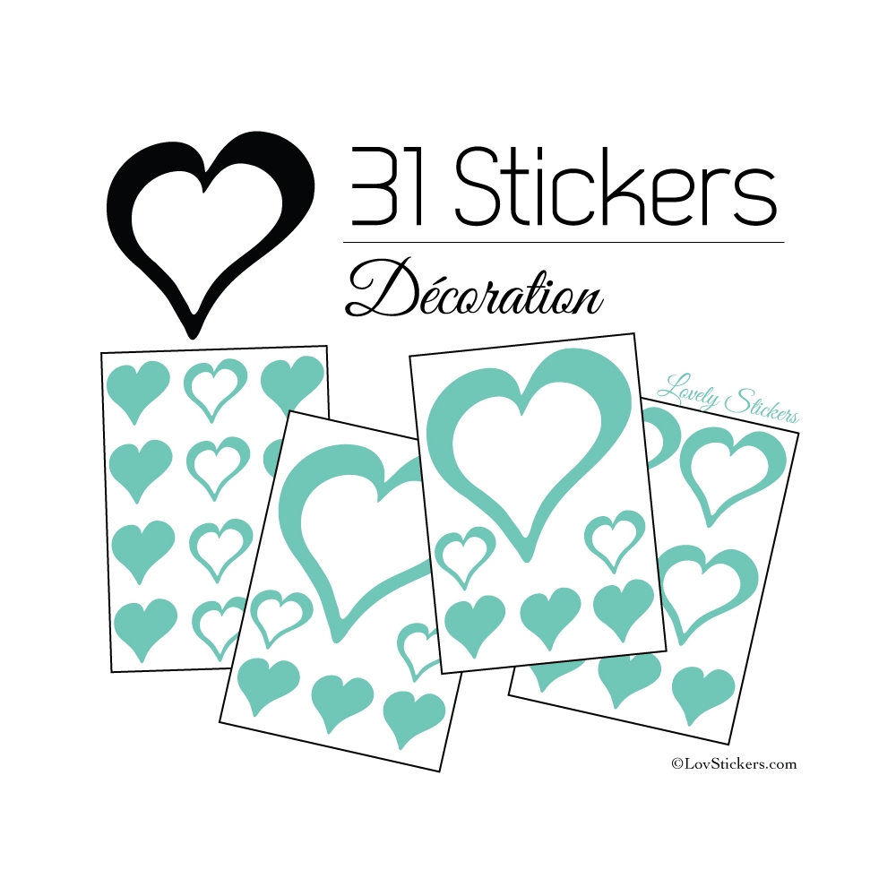 31 Stickers Coeurs 10CM 5CM 3CM - Autocollant décoration Coeurs Creux