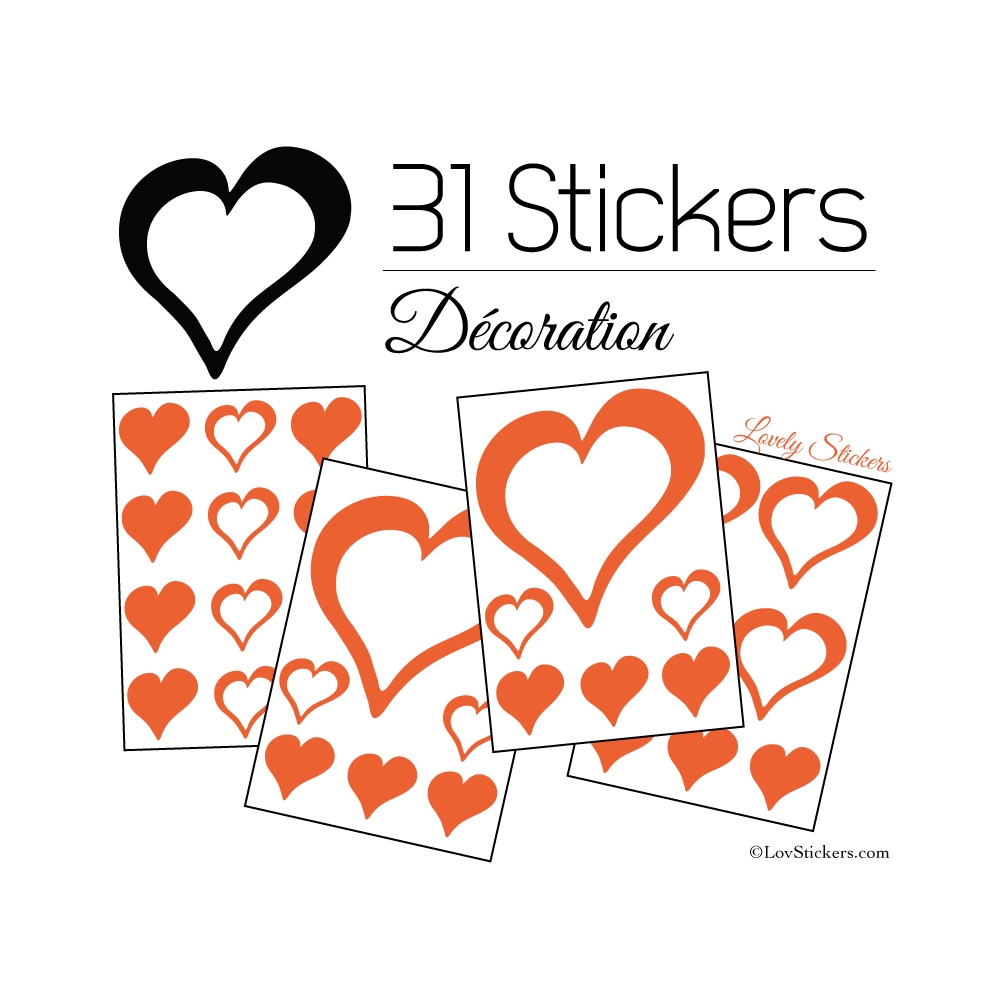 31 Stickers Coeurs 10CM 5CM 3CM - Autocollant décoration Coeurs Creux