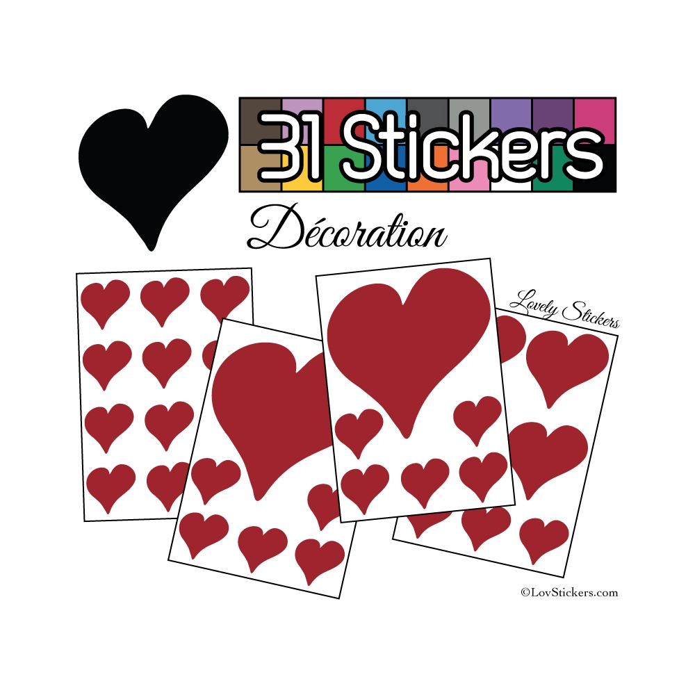 31 Stickers Coeurs  10CM 5CM 3CM - Autocollant décoration