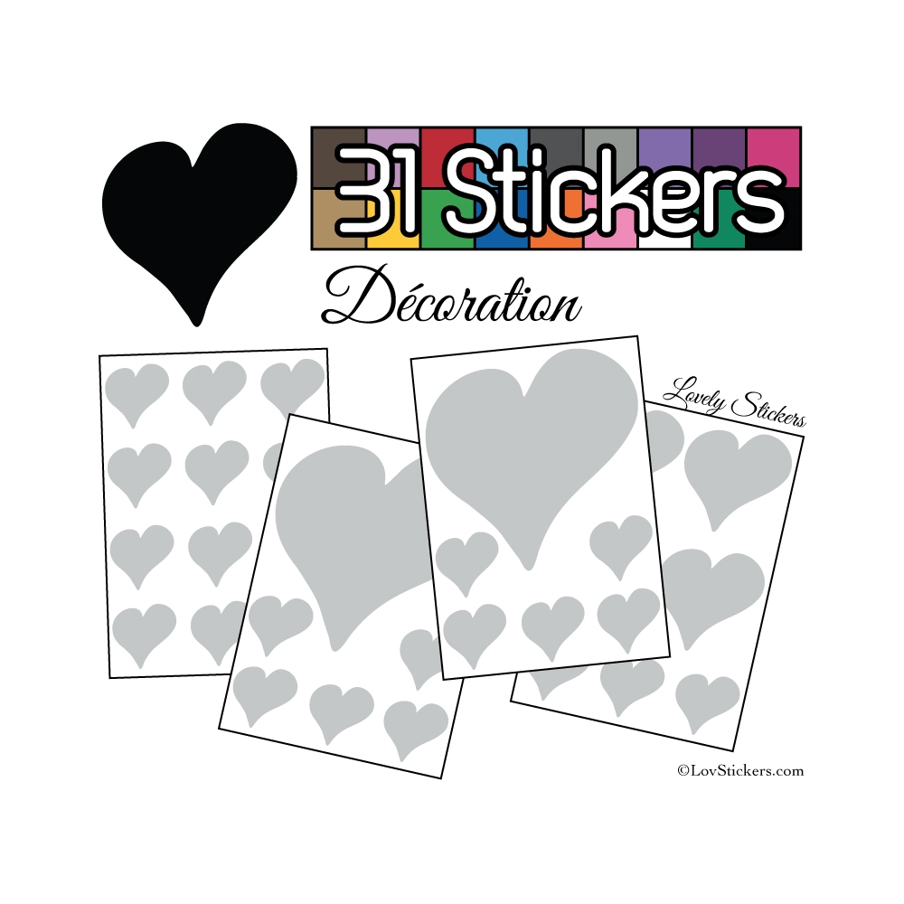 31 Stickers Coeurs  10CM 5CM 3CM - Autocollant décoration