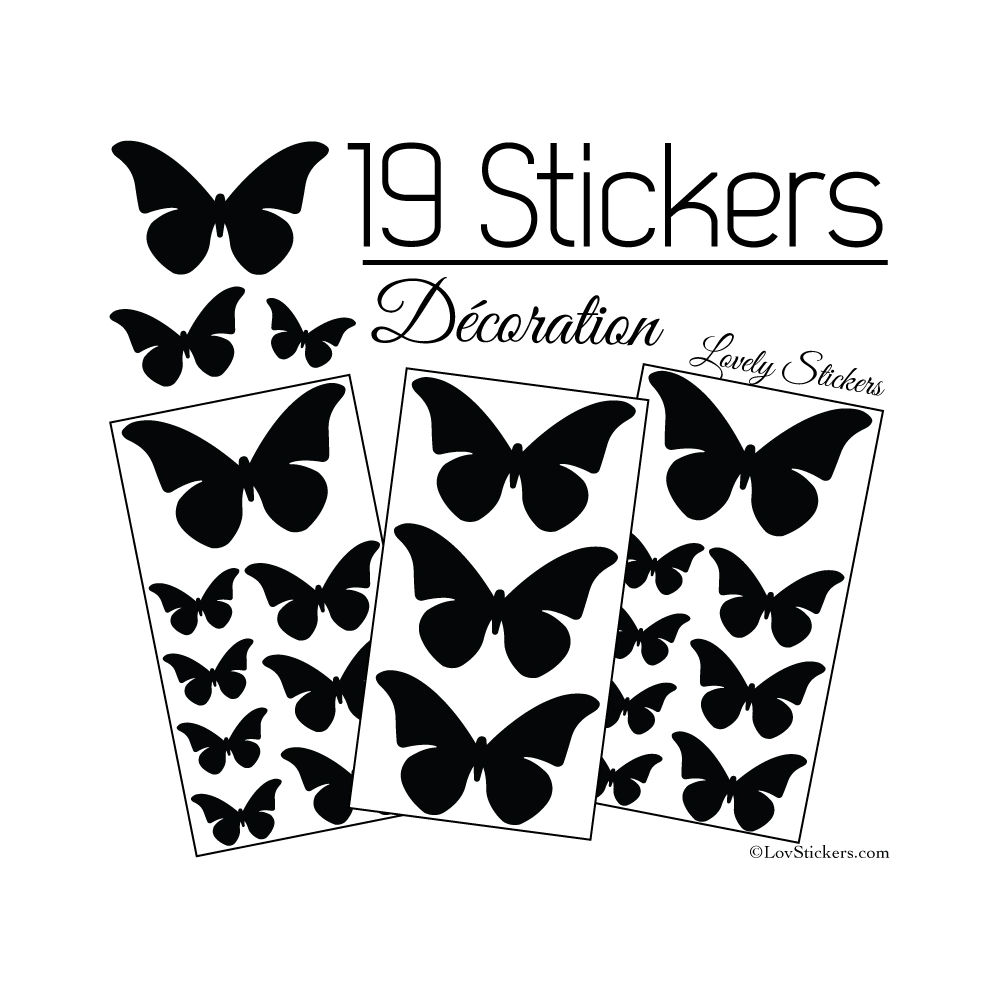 19 Stickers Papillons 10cm à 4cm - Serie décoration Papillons Modèle 2