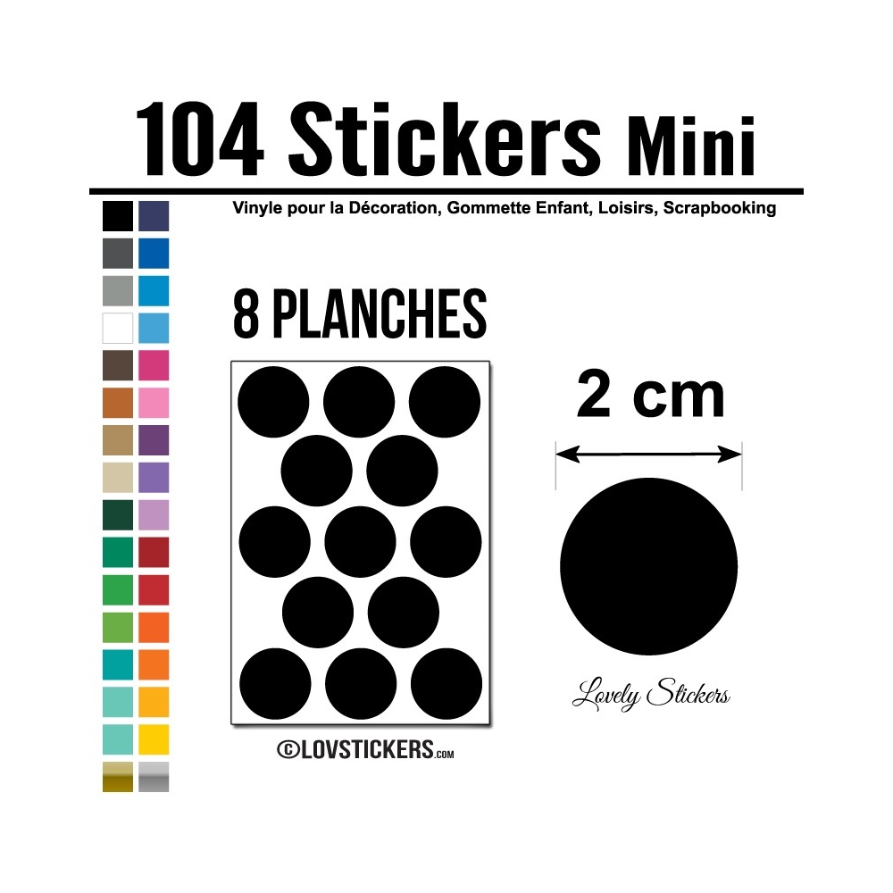 104 Stickers Ronds 2 cm - Décoration Gommette Loisirs - Vinyle Repositionnable