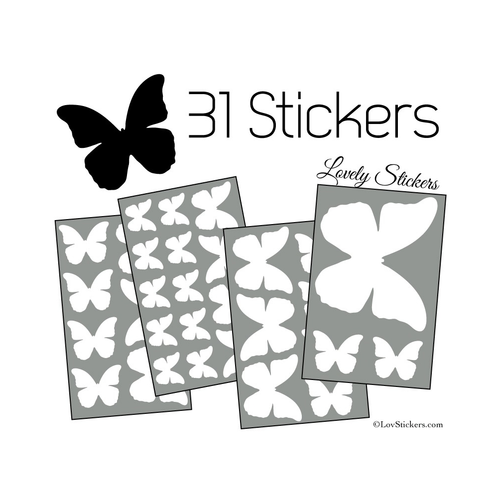 31 Stickers Papillons 10 à 2 cm