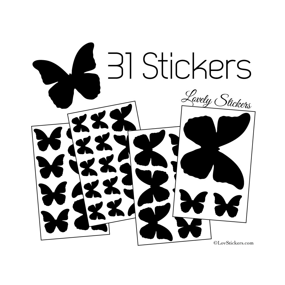 31 Stickers Papillons 10 à 2 cm