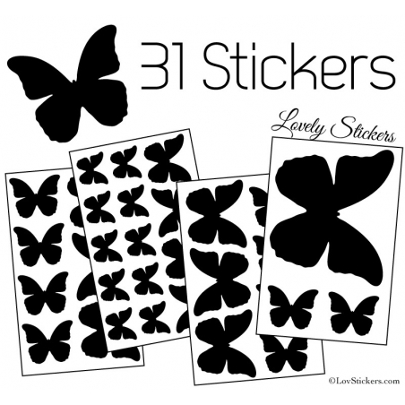 31 Stickers Papillons 10 à 2 cm