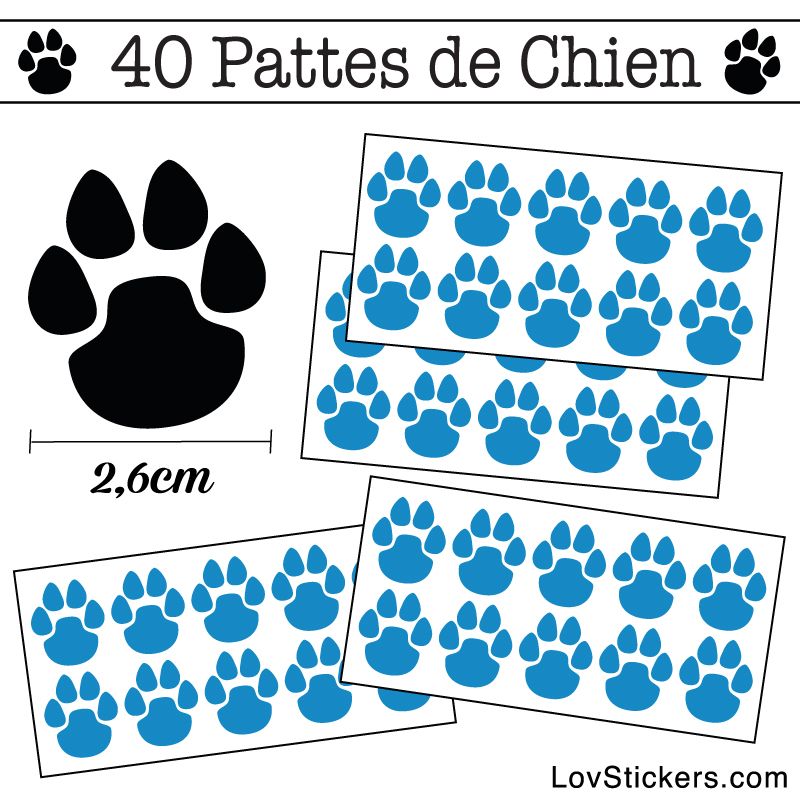 Stickers Pattes de Chien lot de 40 en 26 mm bleu clair
