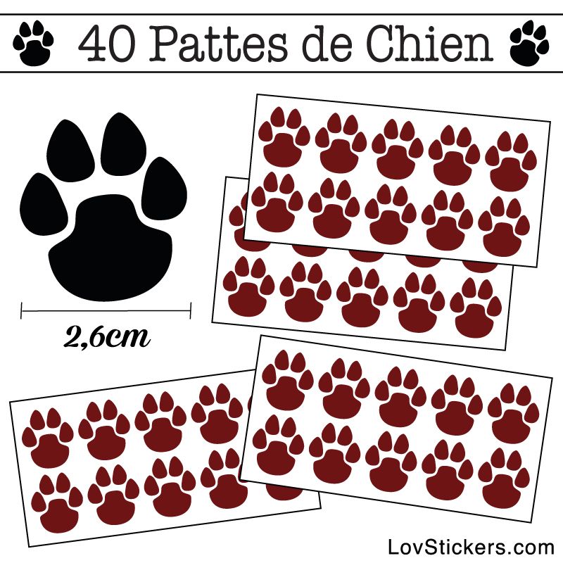 Stickers Pattes de Chien lot de 40 en 26 mm bordeaux