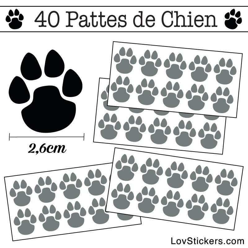 Stickers Pattes de Chien lot de 40 en 26 mm gris clair