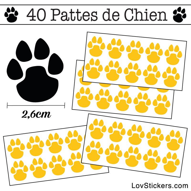 Stickers Pattes de Chien lot de 40 en 26 mm jaune