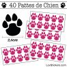 Stickers Pattes de Chien lot de 40 en 26 mm rose fushia