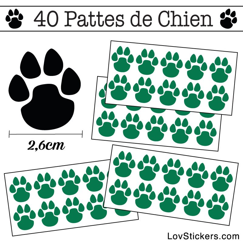 Stickers Pattes de Chien lot de 40 en 26 mm vert