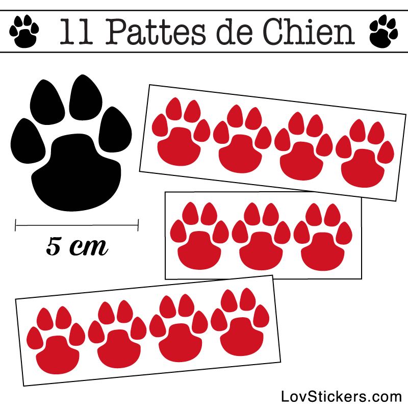 Stickers Pattes de Chien 50mm en lot de 11 rouge