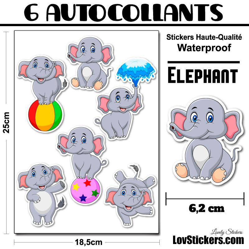 6 Autocollants d'Elephants au cirque 6 Autocollants d'Elephants au cirque