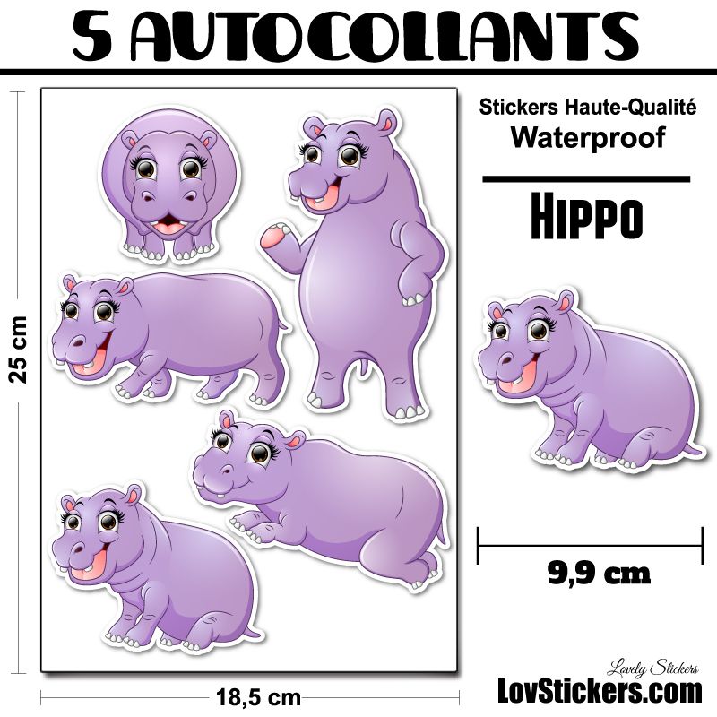 5 Autocollants d'hippopotame 5 Autocollants d'hippopotame
