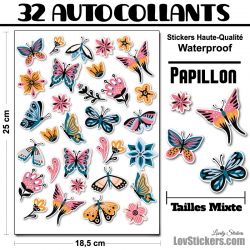 32 autocollants papillons et fleurs