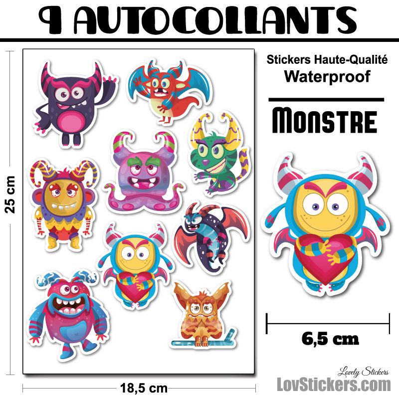 9 Autocollants de Monstres Mignons 02 9 Autocollants de Monstres Mignons 02