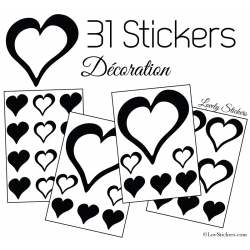 31 Stickers Coeurs 10CM 5CM 3CM - Autocollant décoration Coeurs Creux