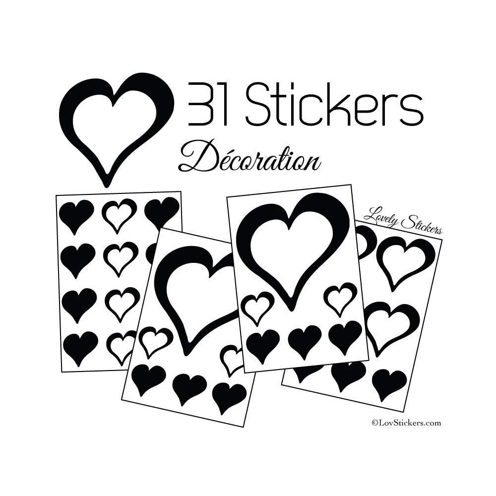 31 Stickers Coeurs 10CM 5CM 3CM - Autocollant décoration Coeurs Creux