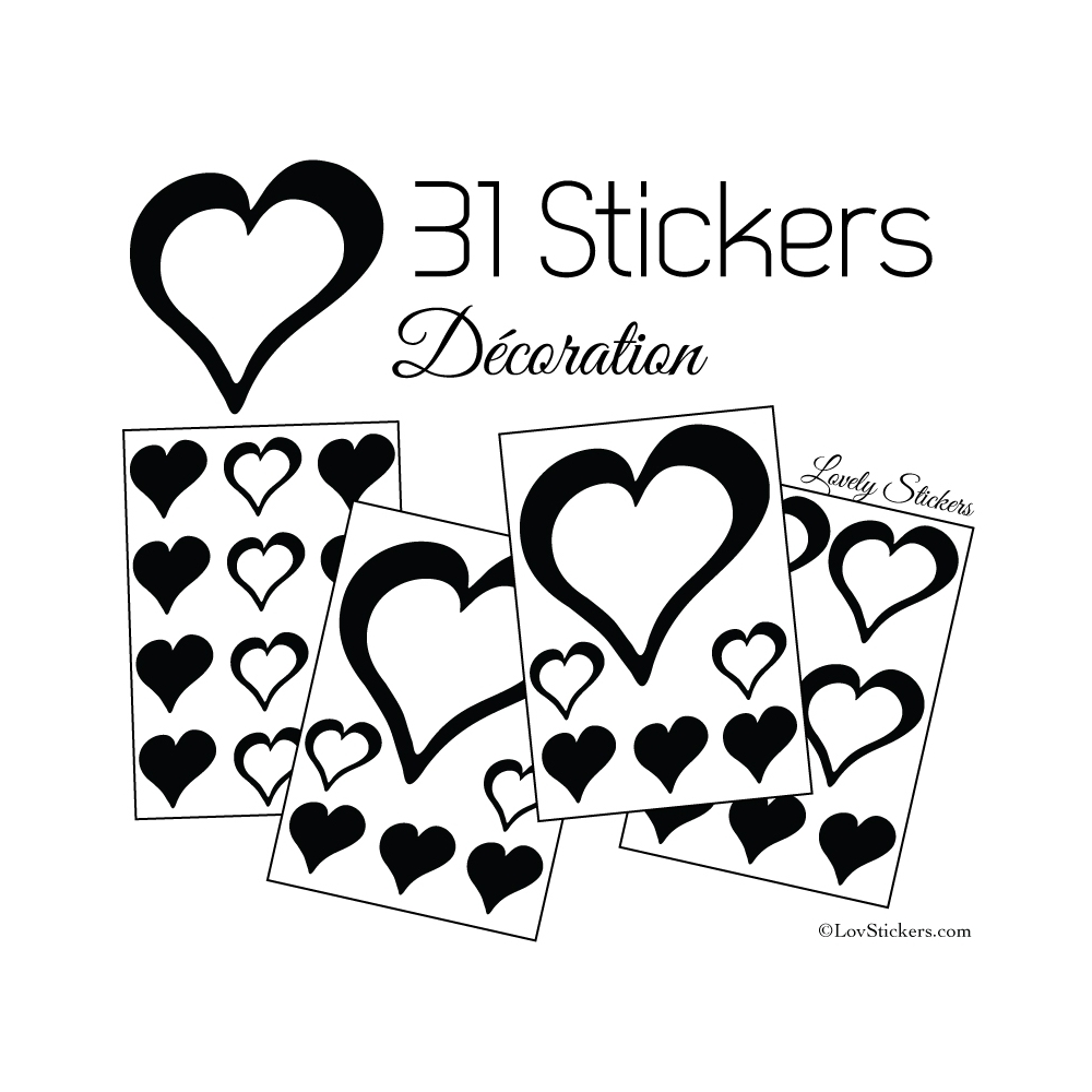 31 Stickers Coeurs 10CM 5CM 3CM - Autocollant décoration Coeurs Creux 31 Stickers Coeurs 10CM 5CM 3CM - Autocollant décoration Coeurs Creux