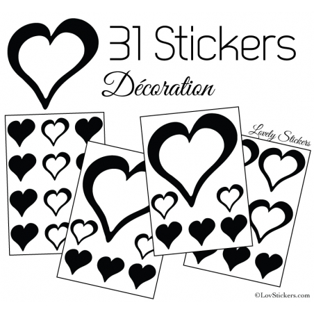 31 Stickers Coeurs 10CM 5CM 3CM - Autocollant décoration Coeurs Creux 31 Stickers Coeurs 10CM 5CM 3CM - Autocollant décoration Coeurs Creux
