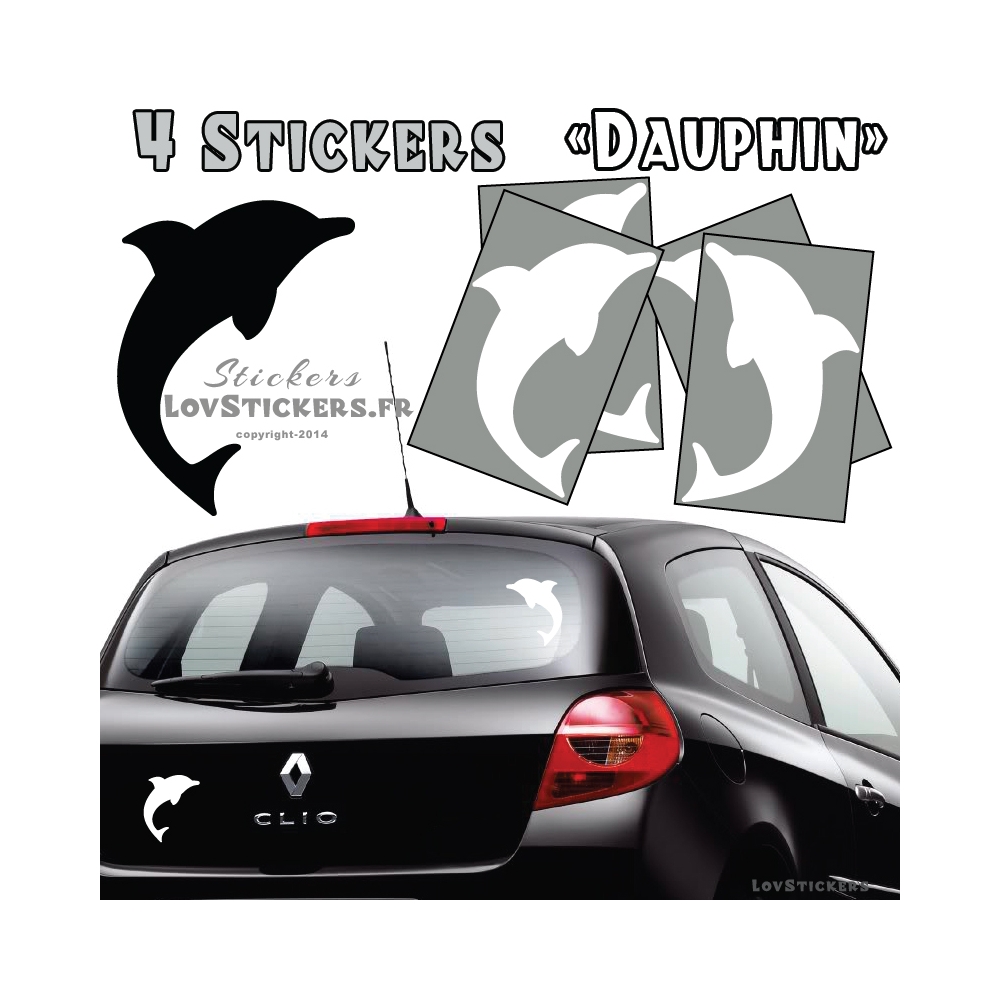 4 Stickers Dauphin 14cm blanc - Deco auto voiture