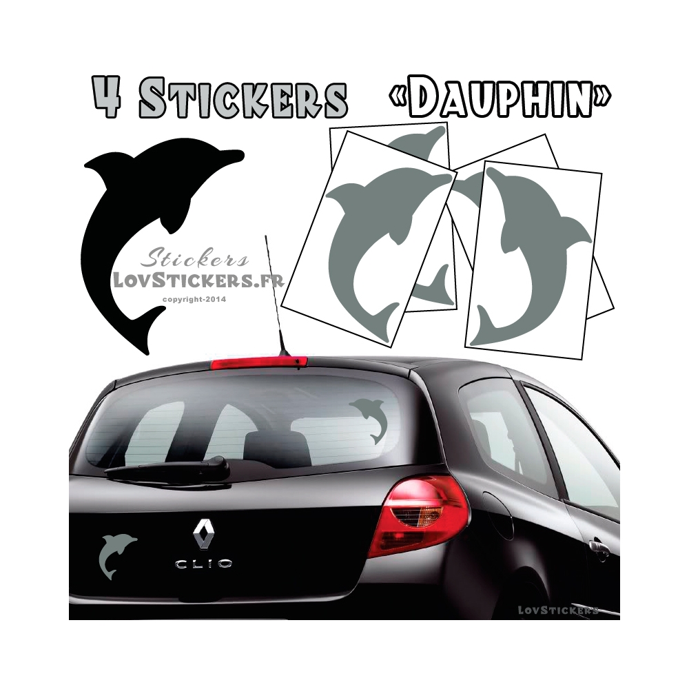 4 Stickers Dauphin 14cm gris - Deco auto voiture