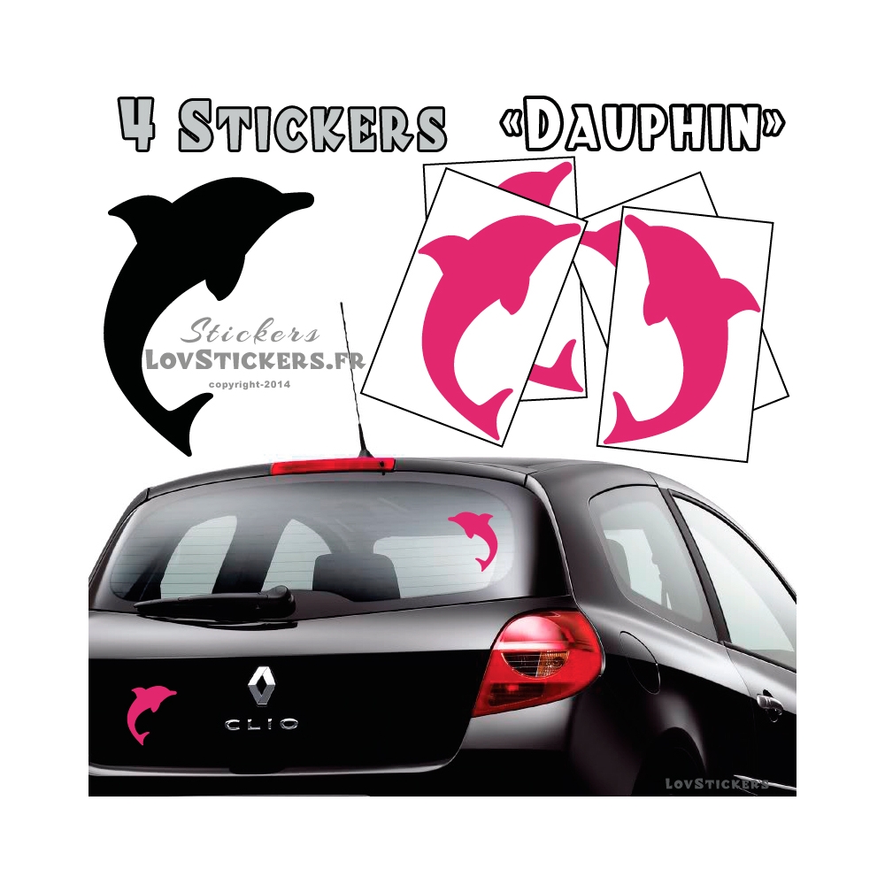4 Stickers Dauphin 14cm rose fushia - Deco auto voiture