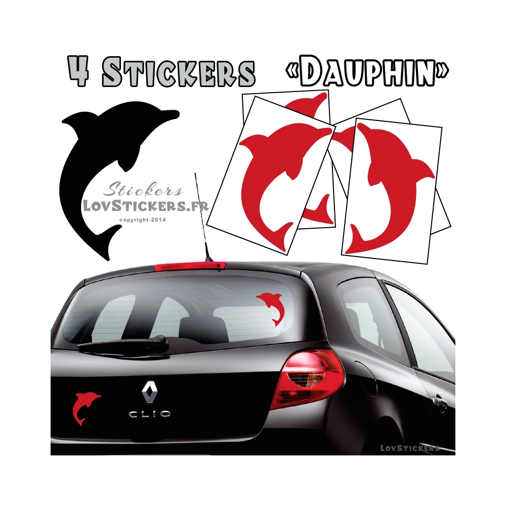 4 Stickers Dauphin 14cm de couleur rouge - Deco auto voiture