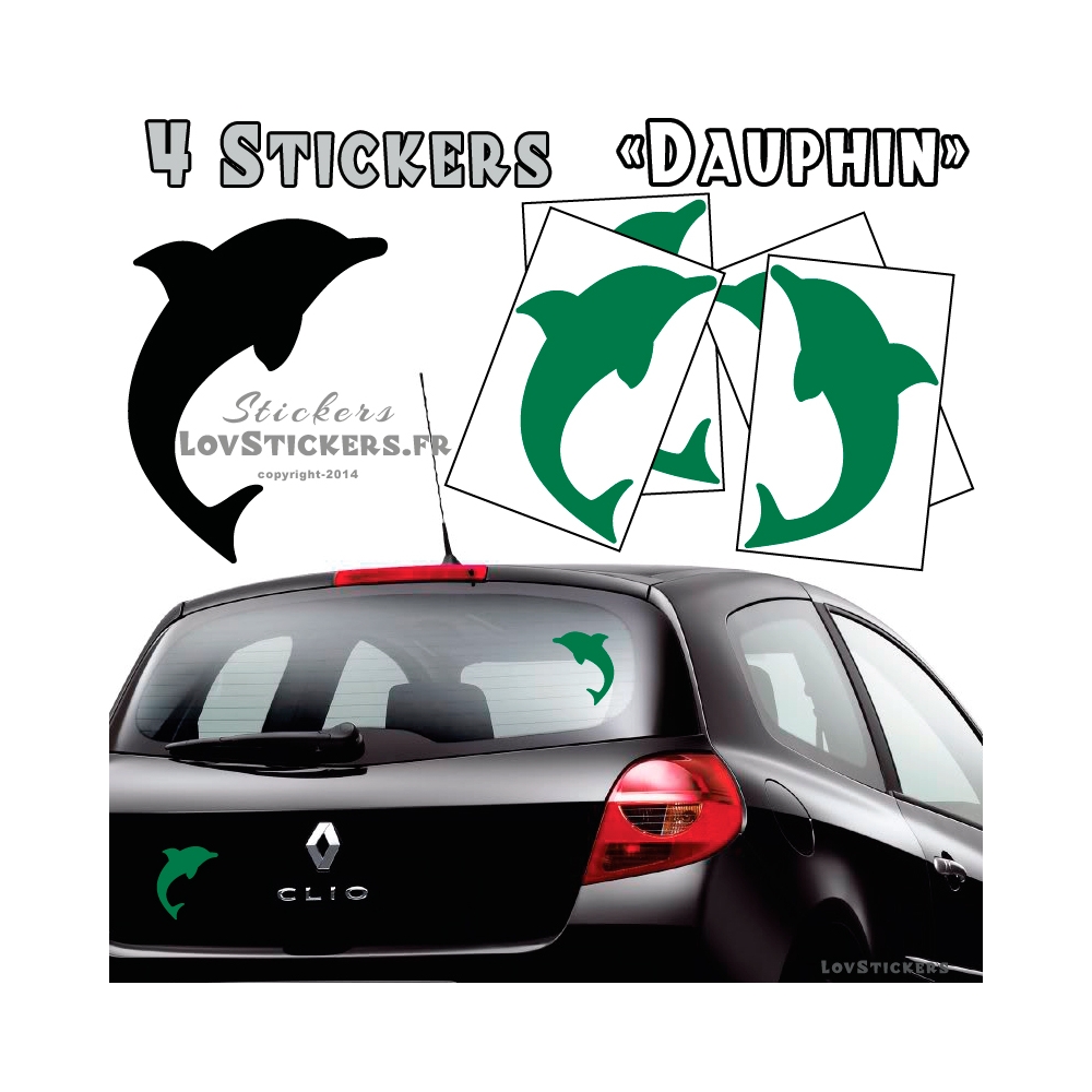 4 Stickers Dauphin 14cm de couleur verte- Deco auto voiture