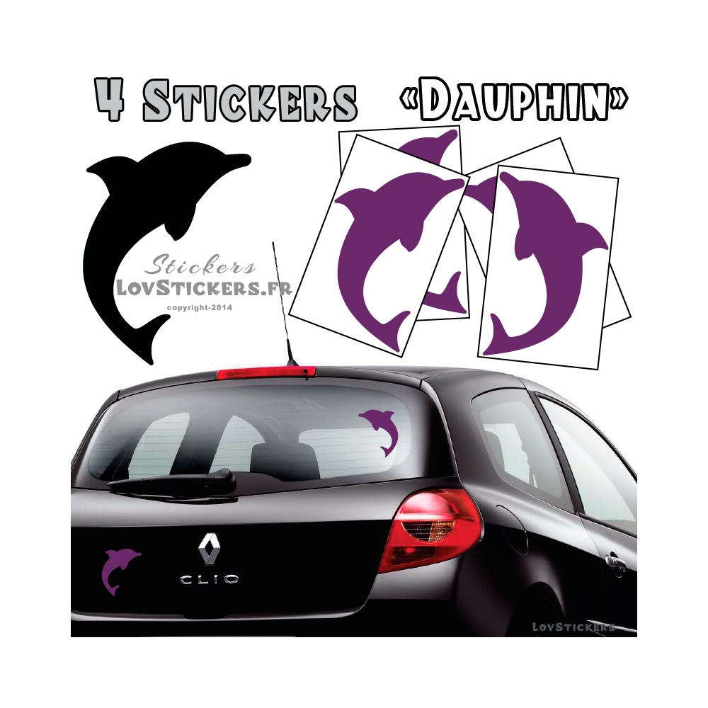 4 Stickers Dauphin 14cm violet - Deco auto voiture
