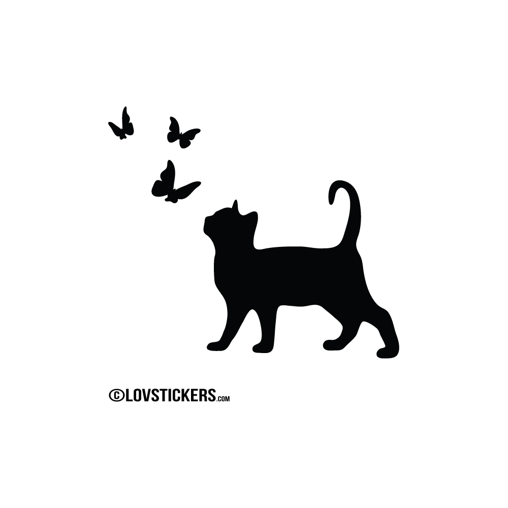 Sticker d'un chat observant les papillons Couleur Interieur Noir