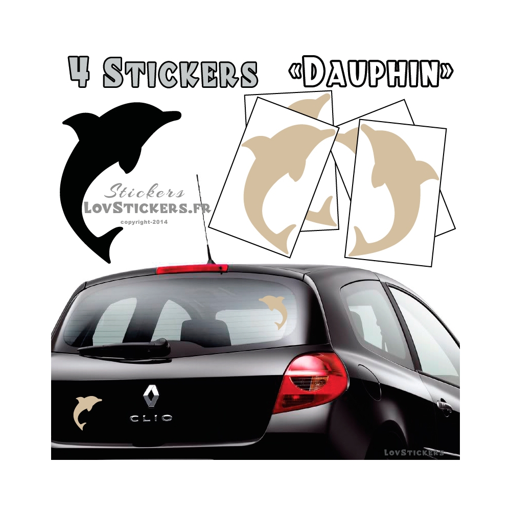 4 Stickers Dauphin 14cm de couleur beige - Deco auto voiture