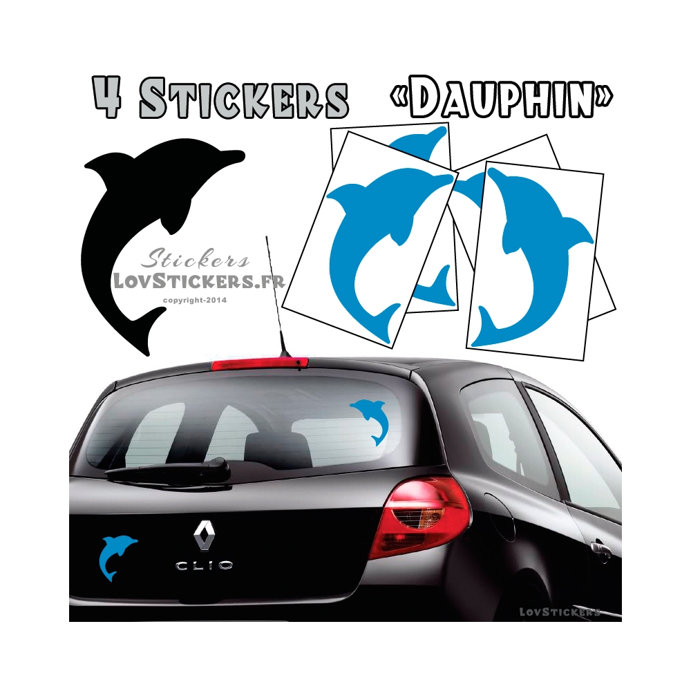 4 Stickers Dauphin 14cm de couleur bleu ciel - Deco auto voiture