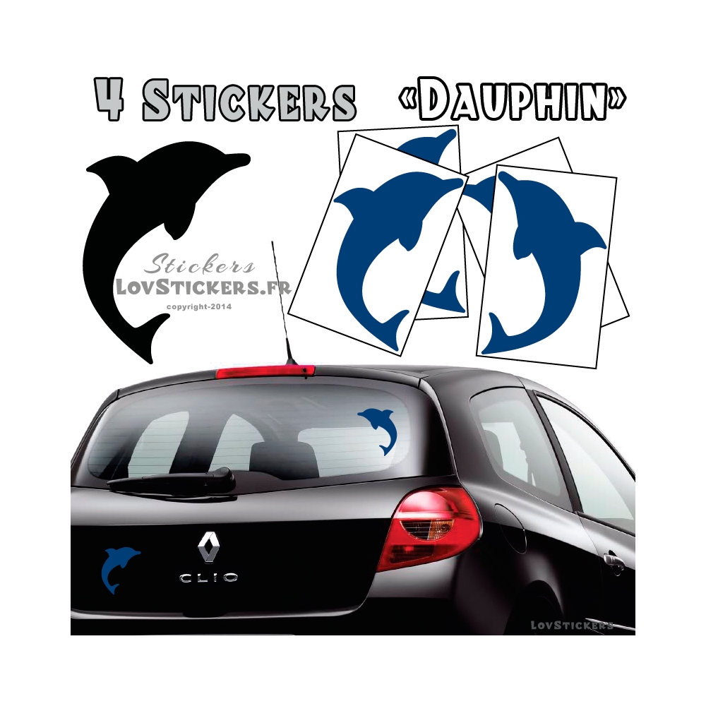 4 Stickers Dauphin 14cm de couleur bleu - Deco auto voiture