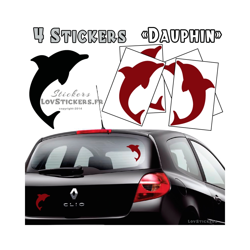 4 Stickers Dauphin 14cm de couleur bordeaux - Deco auto voiture