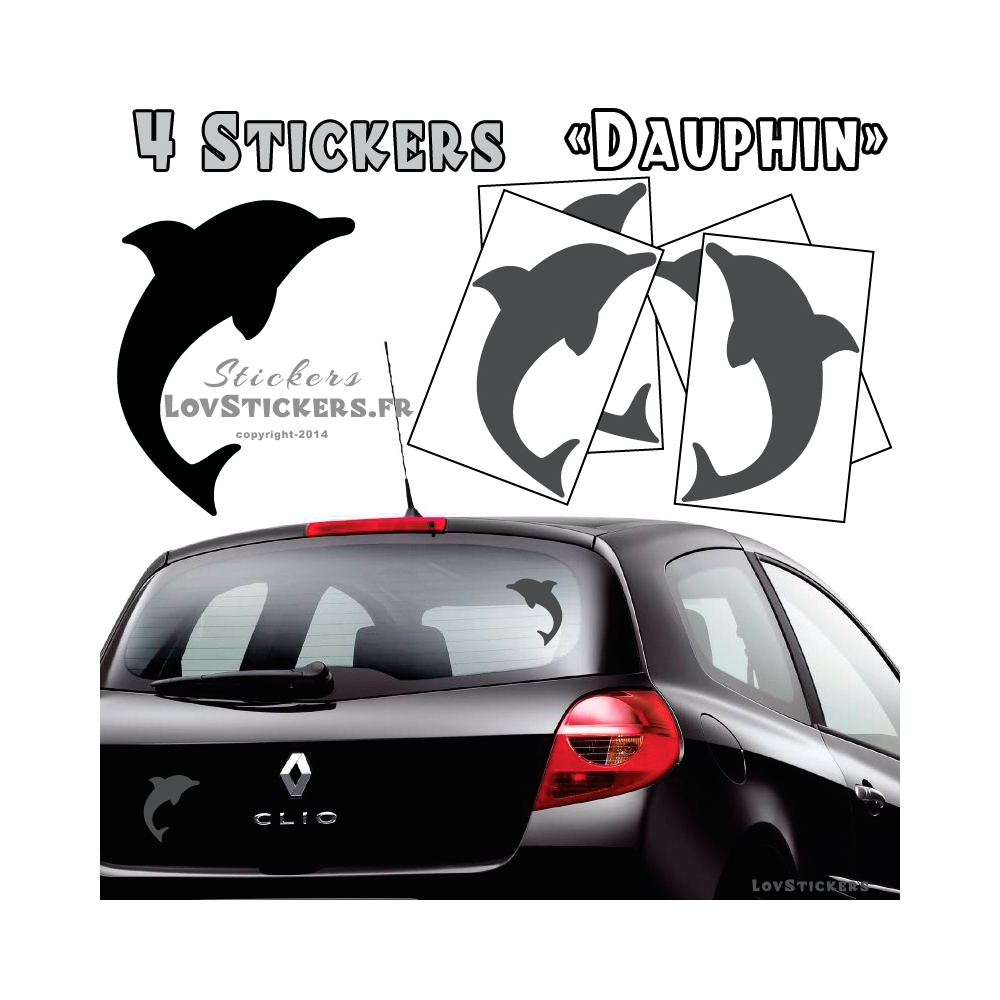 4 Stickers Dauphin 14cm de couleur gris anthracite - Deco auto voiture