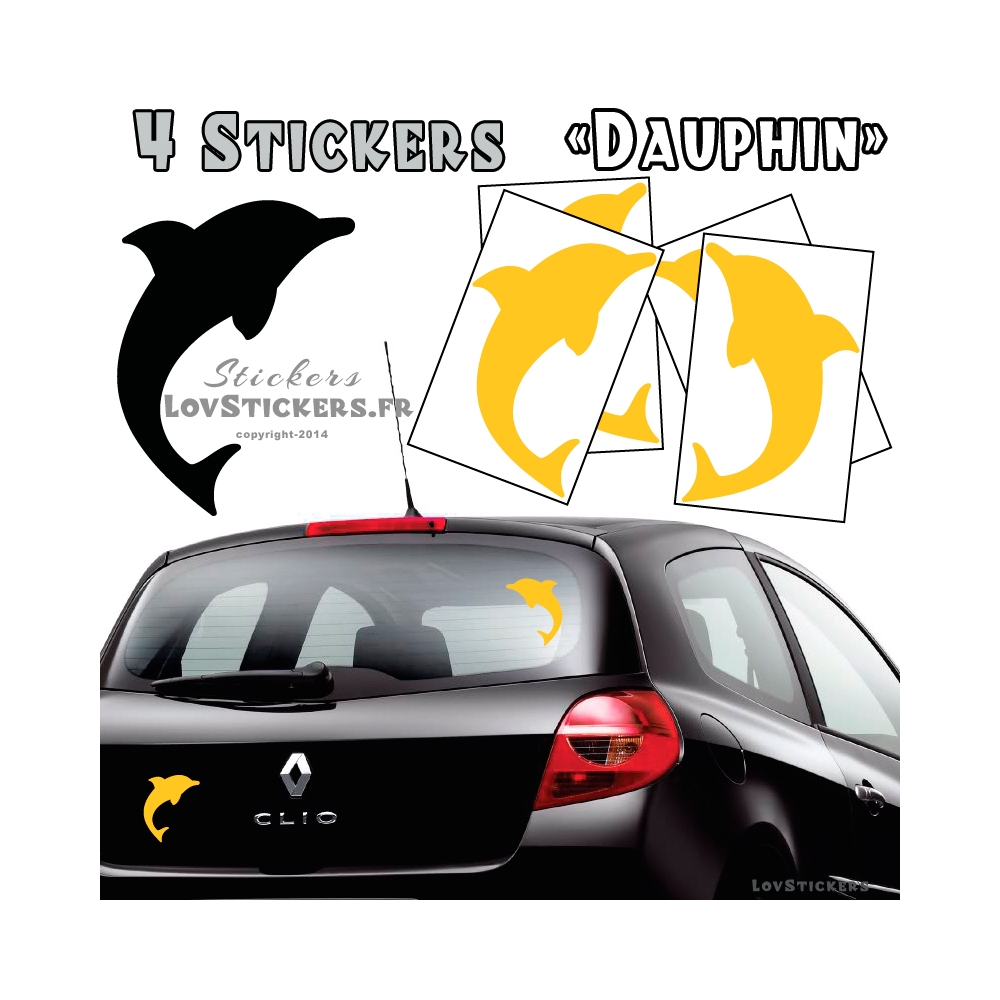 4 Stickers Dauphin 14cm de couleur jaune- Deco auto voiture