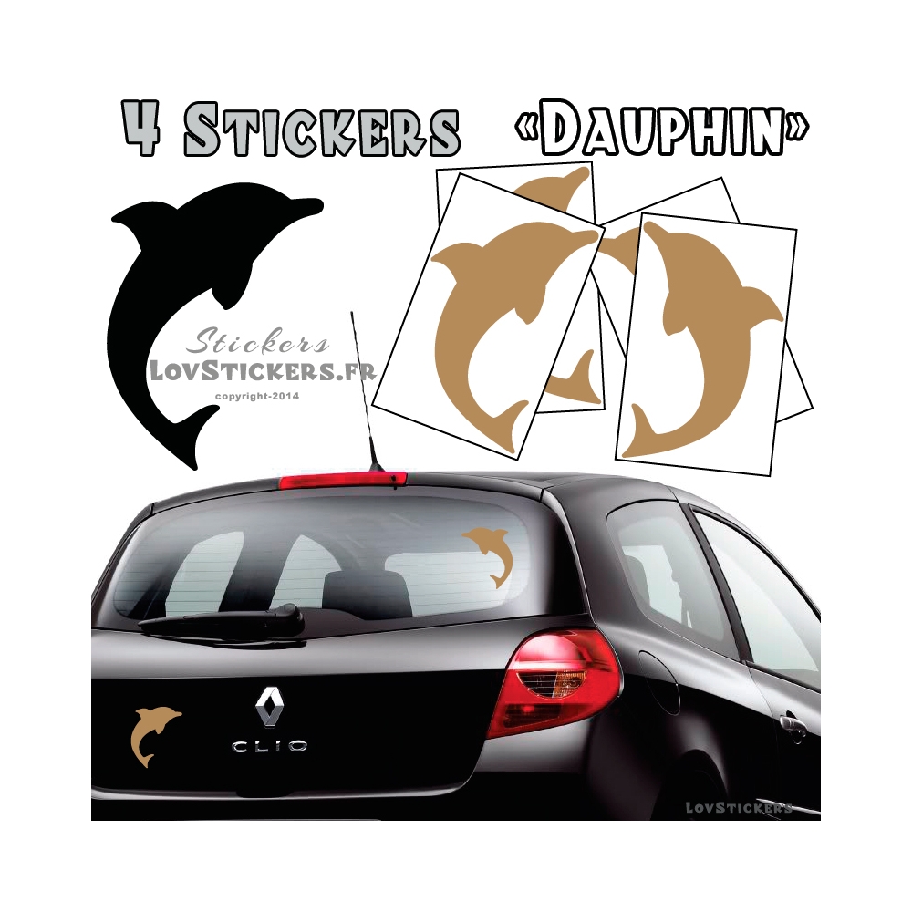 4 Stickers Dauphin 14cm de couleur marron clair- Deco auto voiture