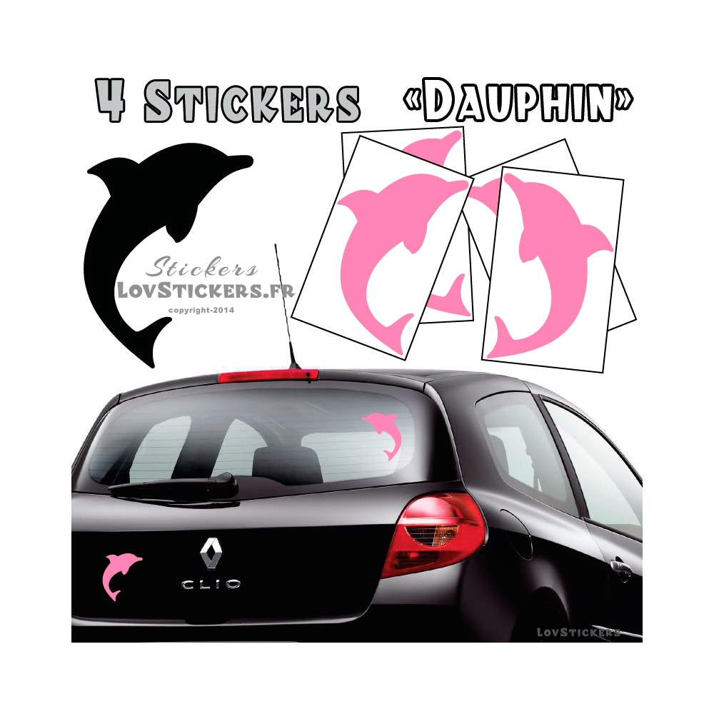 4 Stickers Dauphin 14cm rose clair - Deco auto voiture