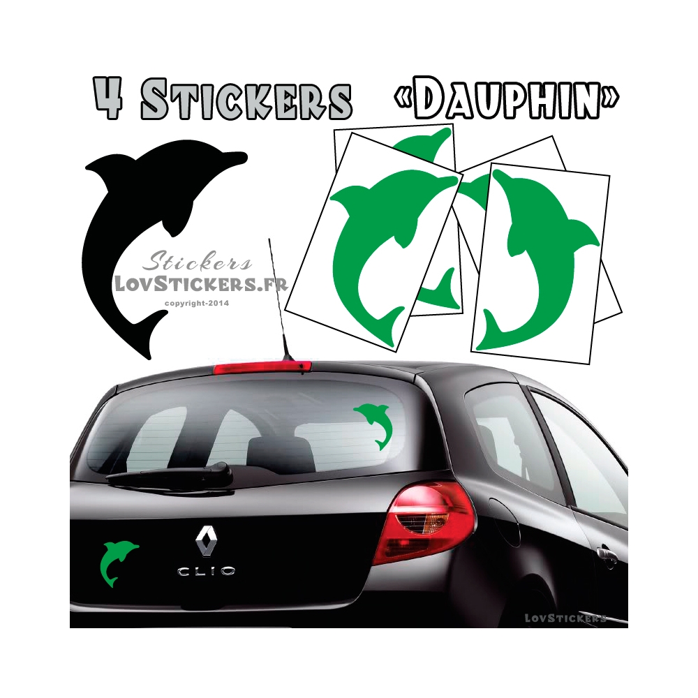 4 Stickers Dauphin 14cm vert - Deco auto voiture