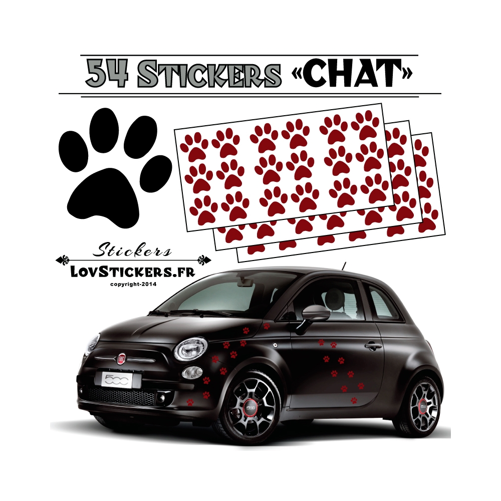 Lot de 54 Stickers Empreintes de Chat couleur bordeaux