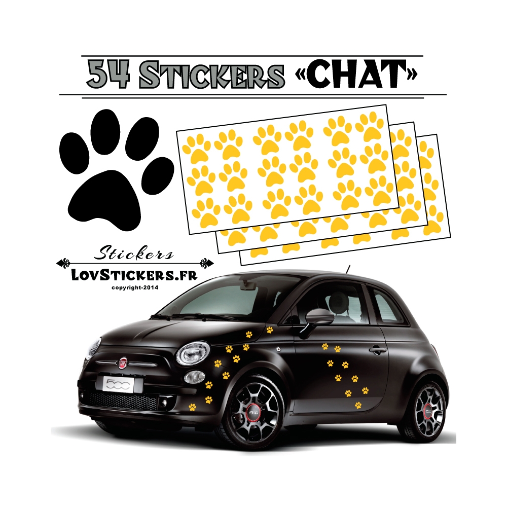 Lot de 54 Stickers Empreintes de Chat couleur jaune