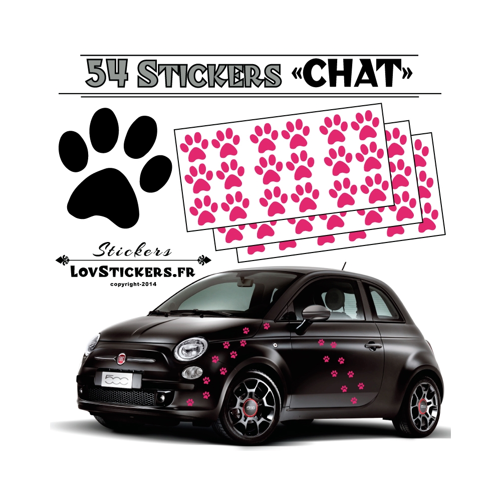Lot de 54 Stickers Empreintes de Chat couleur rose fushia