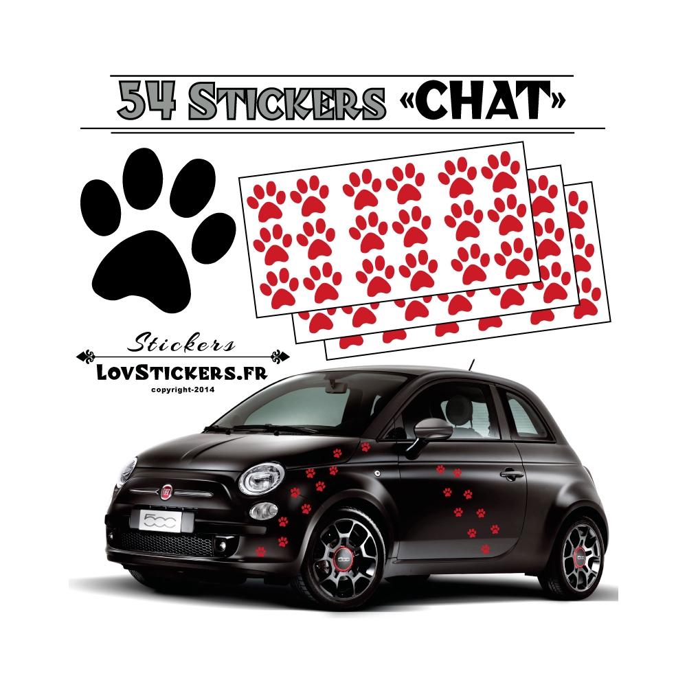 Lot de 54 Stickers Empreintes de Chat couleur rouge