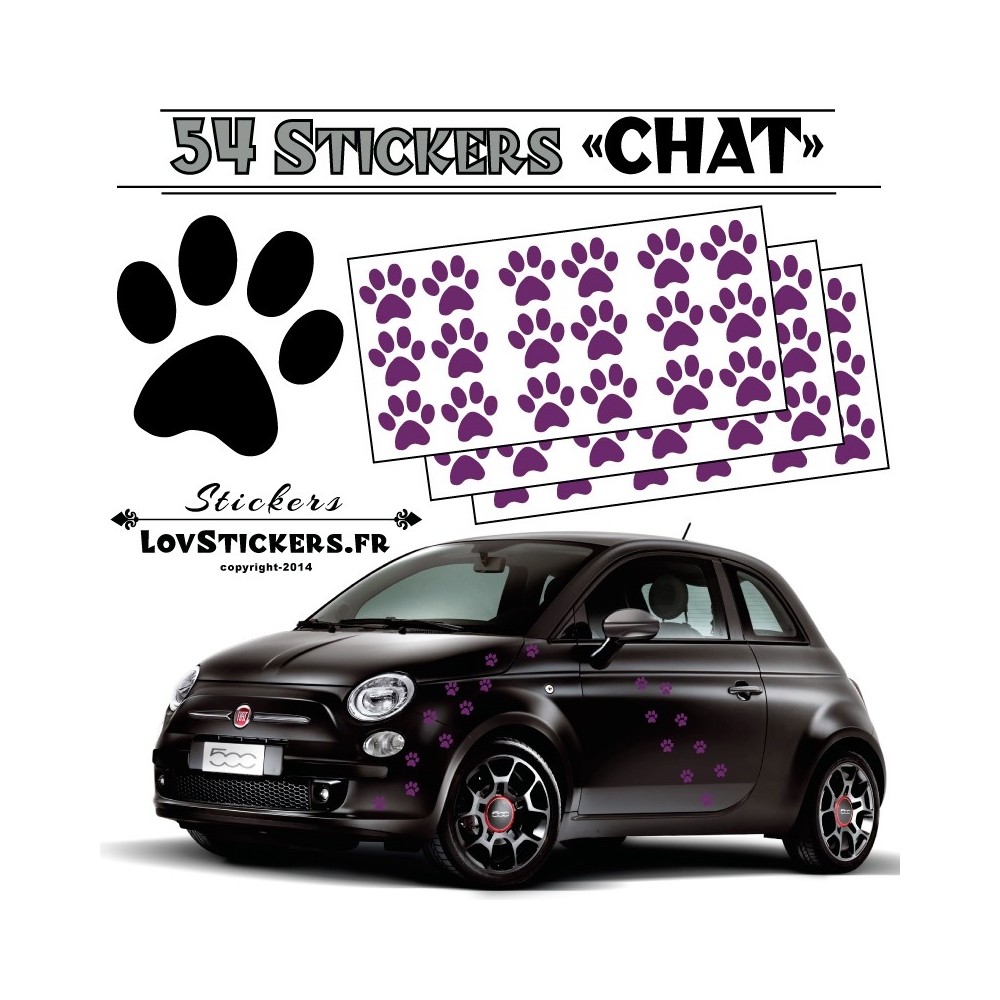 Lot de 54 Stickers Empreintes de Chat couleur violette