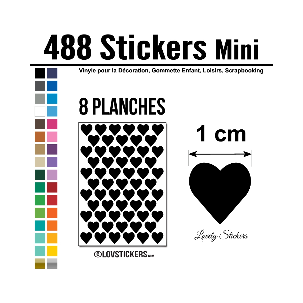 488 Stickers Coeur 1cm - Décoration Gommette Loisirs - Vinyle Couleur  Interieur Noir