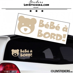 Stickers bébé à bord beige avec tête d'ours